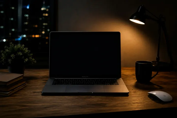 Nighttime desk setup with laptop, lamp, and city view